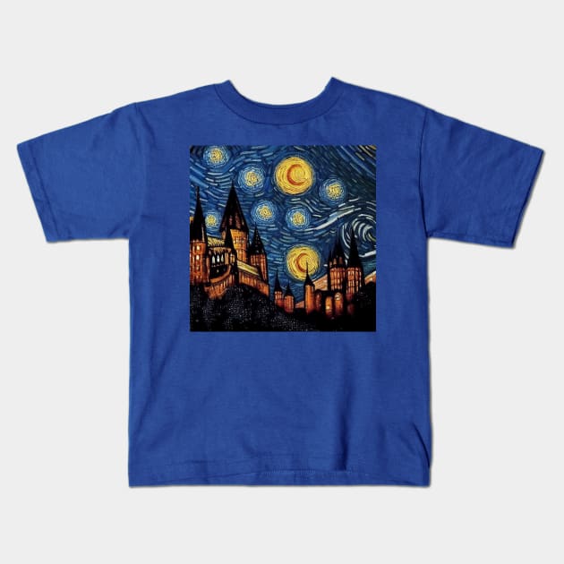 Starry Night Wizarding School Van Gogh Kids T-Shirt by Grassroots Green